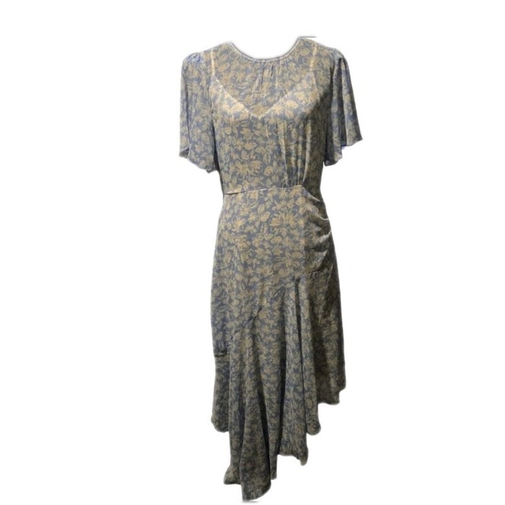 ASTR The Label Blue Floral Midi Dress Sz L Flutter Sleeve Asym Hem Wedding Guest - Picture 3 of 8